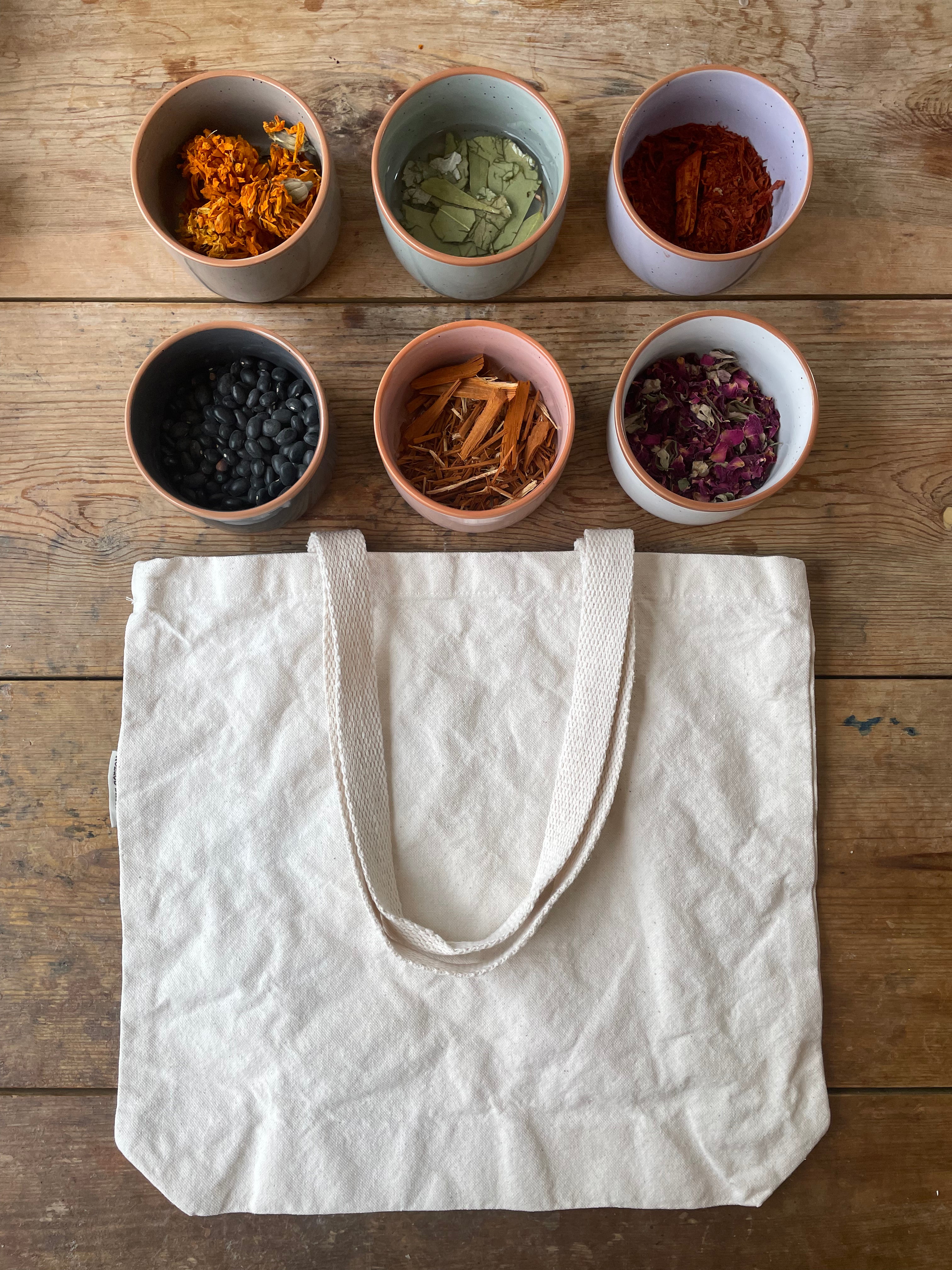Ecoteñido con plantas y flores mexicanas en totebags